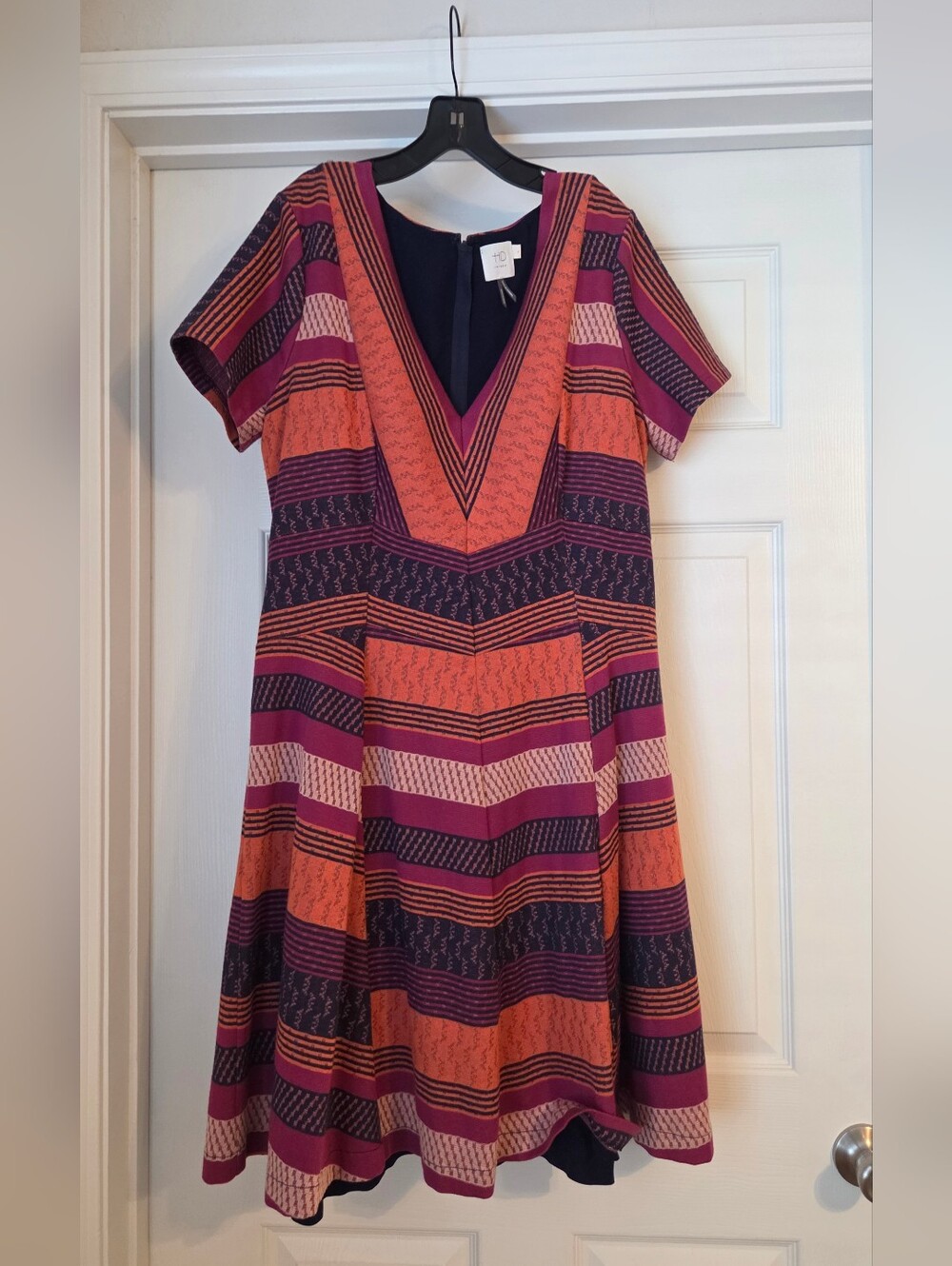 Nitted, Fitted V-Neck Striped Midi Dress in Pink and Orange No